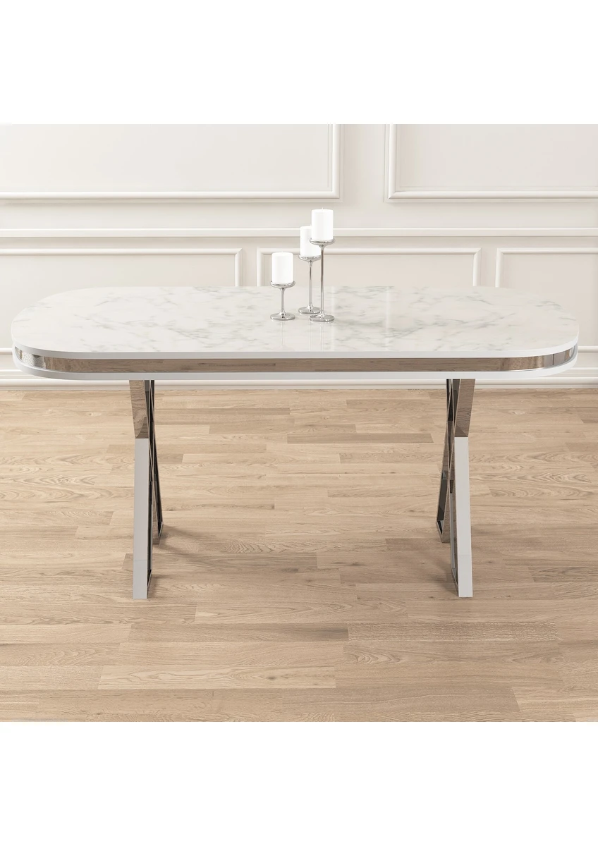 Lai Serisi 90X168 Lak Panel Beyaz Mermer Desen Krom Ayak Masa Takımı 6 Sandalye
